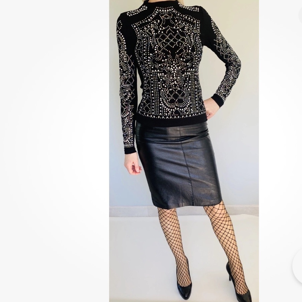 🔥 XTAREN Black Rhinestone and Beaded Top Bling Mess Mock Neck Top Size S - Picture 2 of 9